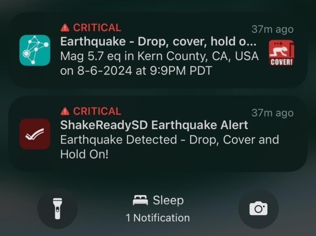 An iPhone screenshot of simultaneous notifications marked "Critical" from 2 apps alerting the user to brace for an earthquake