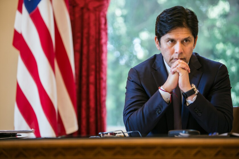 Senate President Pro Tem Kevin de León (D-Los Angeles) sits in his office in Sacramento on July 7. His bill that would require public pensions to divest from coal passed the Assembly on Wednesday.