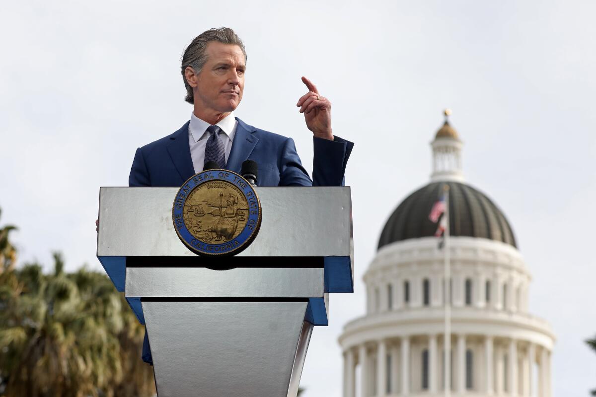 Gov. Gavin Newsom gives the inaugural address in Sacramento.