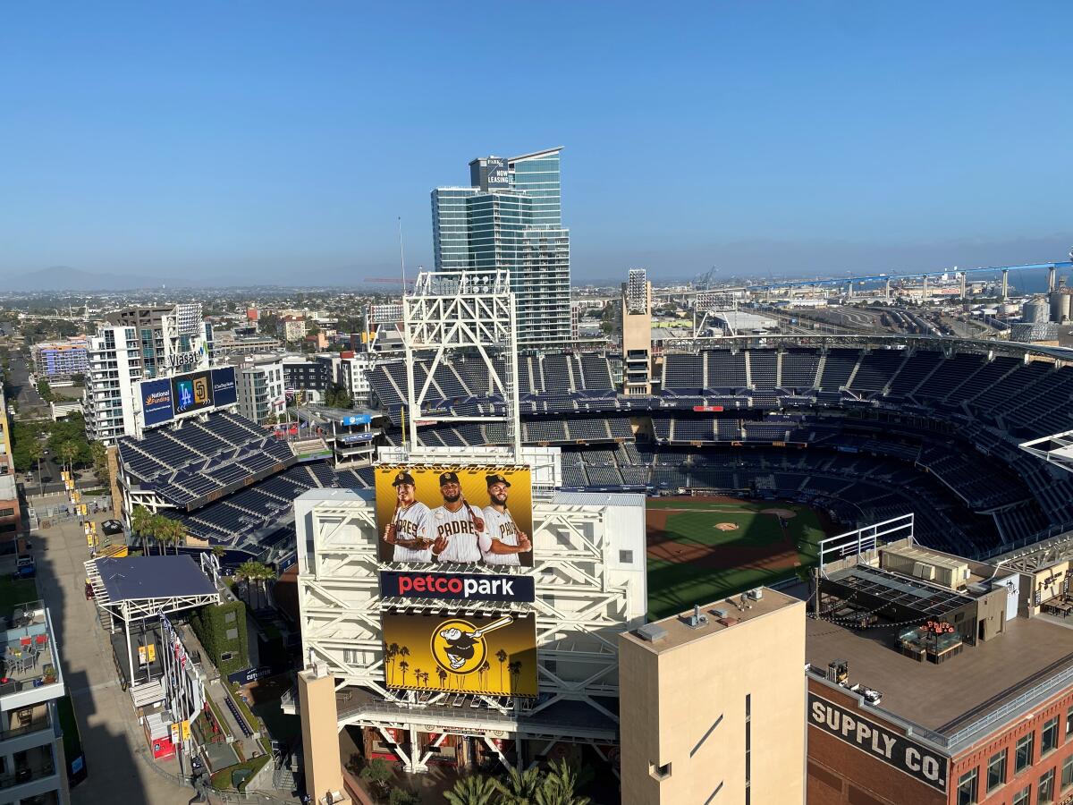 A bird's eye view of a stadium, with a sign that says Petco Park 