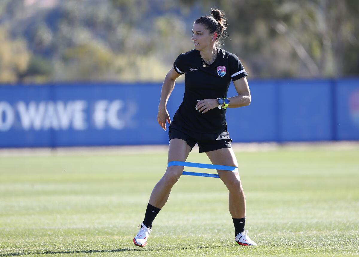 Alex Morgan of the San Diego Wave stretches during a practice last month.