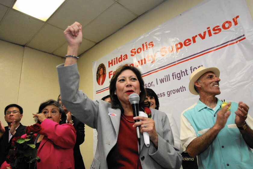 Supervisor Gloria Molina, left, was replaced by former Labor Secretary Hilda Solis.