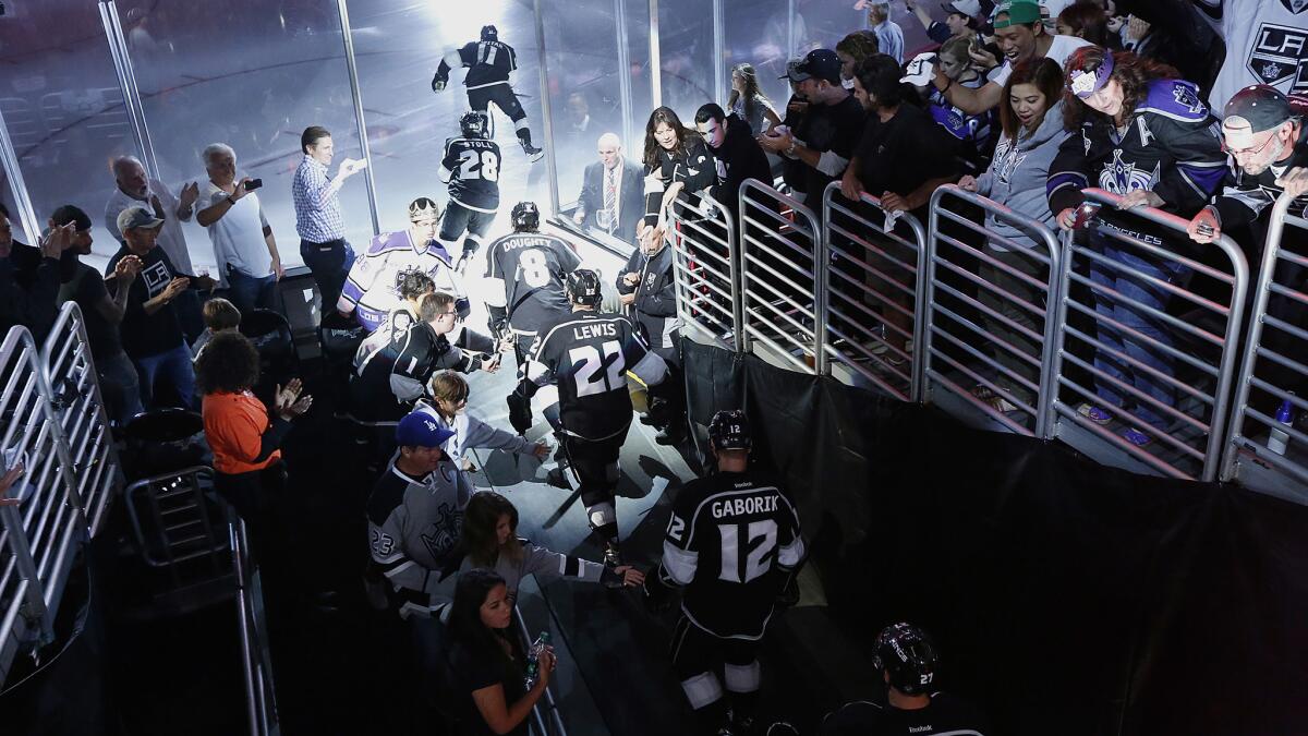 The Kings take the ice before the start of Game 4 of the Western Conference finals against the Chicago Blackhawks at Staples Center last week.