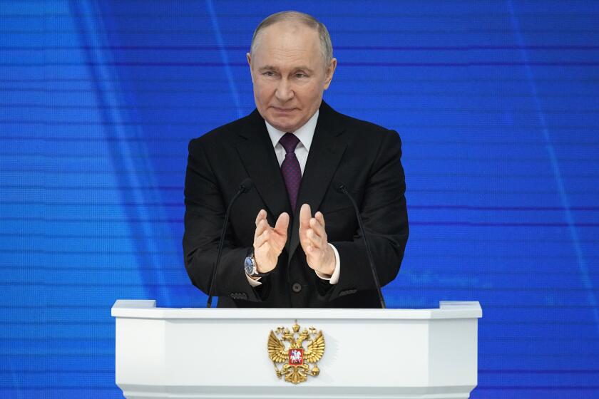 El presidente de Rusia, Vladímir Putin, durante su discurso sobre el Estado de la Nación, en Moscú, Rusia, el 29 de febrero de 2024. (AP Foto/Alexander Zemlianichenko)