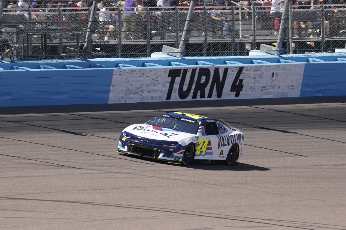 NASCAR driver William Byron guides his car through Turn 4 during the NASCAR Cup Series race Sunday in Phoenix.