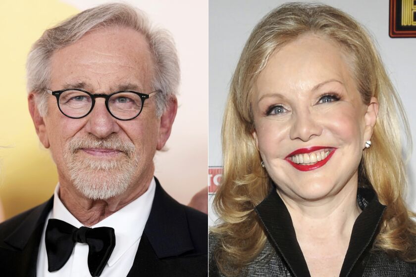 Steven Spielberg appears at the Oscars in Los Angeles on March 12, 2023, left, and Susan Stroman appears at the after party for the opening night of "Bullets Over Broadway" in New York on April 10, 2014. Spielberg and Stroman will produce the glitzy, fictional Broadway musical about the life of Marilyn Monroe that formed the heart of the TV show “Smash." (AP Photo)