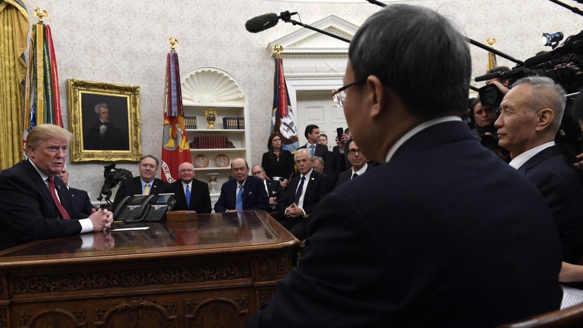 President Trump meets with Chinese Vice Premier Liu He, far right, in January.