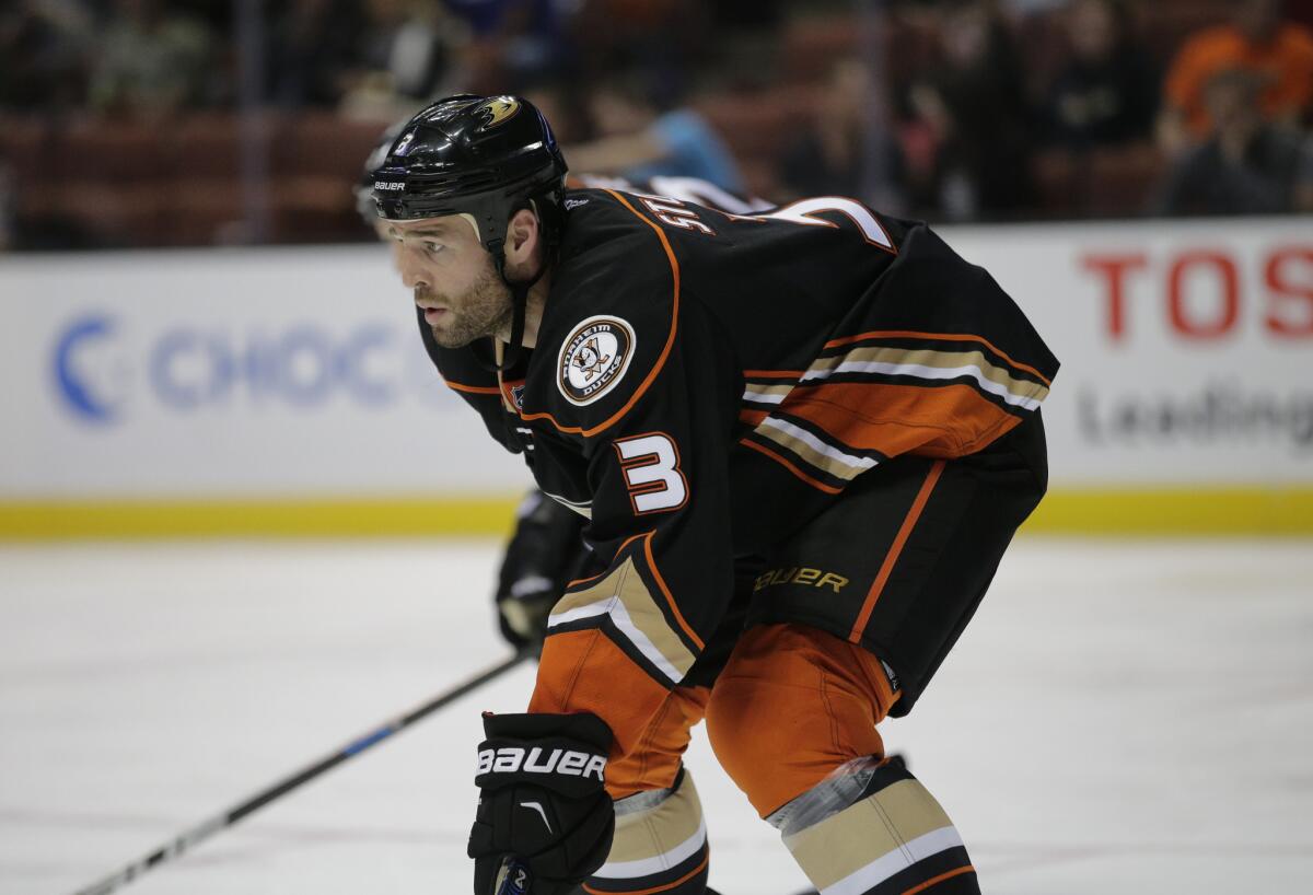 Ducks defenseman Clayton Stoner waits on the puck to drop for a face off against the Avalanche on Oct. 1. The Ducks won 3-0.