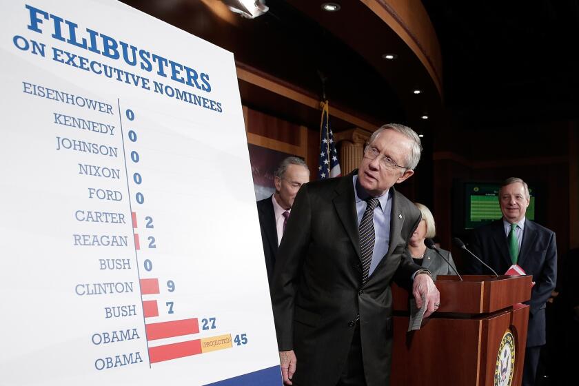 Senate Majority Leader Harry Reid (D-Nev.) examines a chart showing the surge in filibusters against Executive Branch nominees during President Obama's terms.