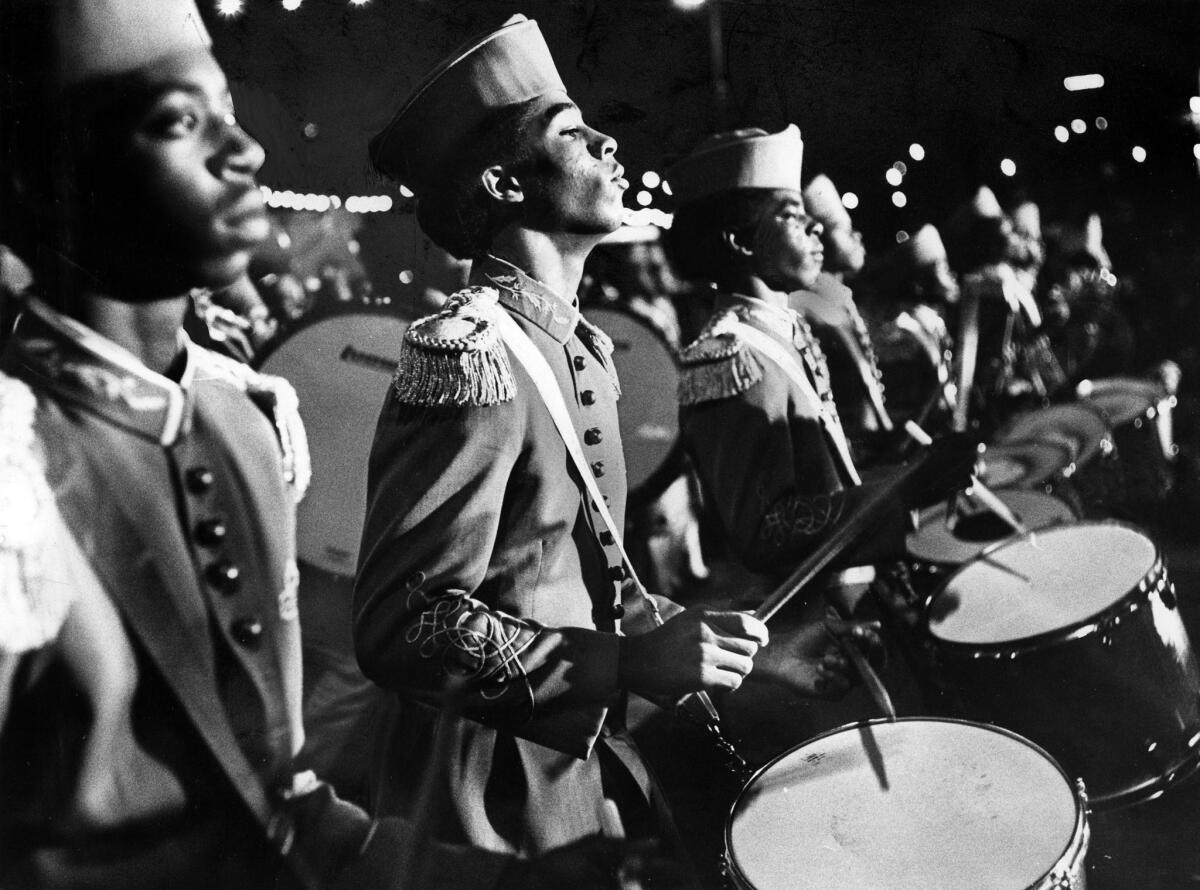 Nov. 28, 1976: Drummers in the Locke High School Band step out at the 45th annual Hollywood Santa Claus Lane Parade down Hollywood Boulevard.