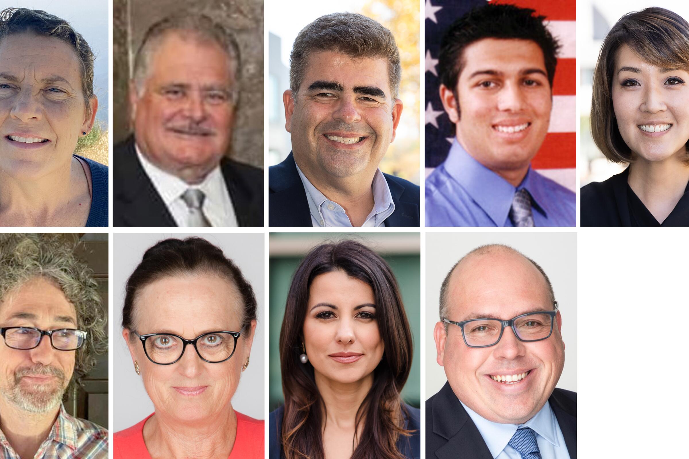 Headshot photos of nine candidates running for seats on the Los Angeles Community College Board of Trustees. 