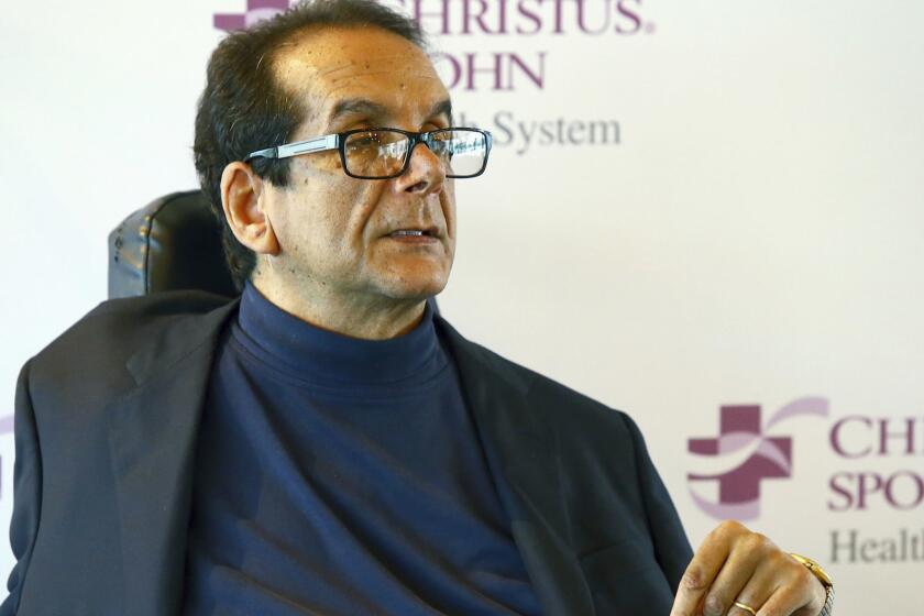 FILE - In this March 31, 2015, file photo, Charles Krauthammer talks about getting into politics during a news conference in Corpus Christi, Texas. The conservative writer and pundit Krauthammer has died. His death was announced Thursday, June 21, 2018, by two media organizations that employed him, Fox News Channel and The Washington Post. He was 68. (Gabe Hernandez/Corpus Christi Caller-Times via AP, File)