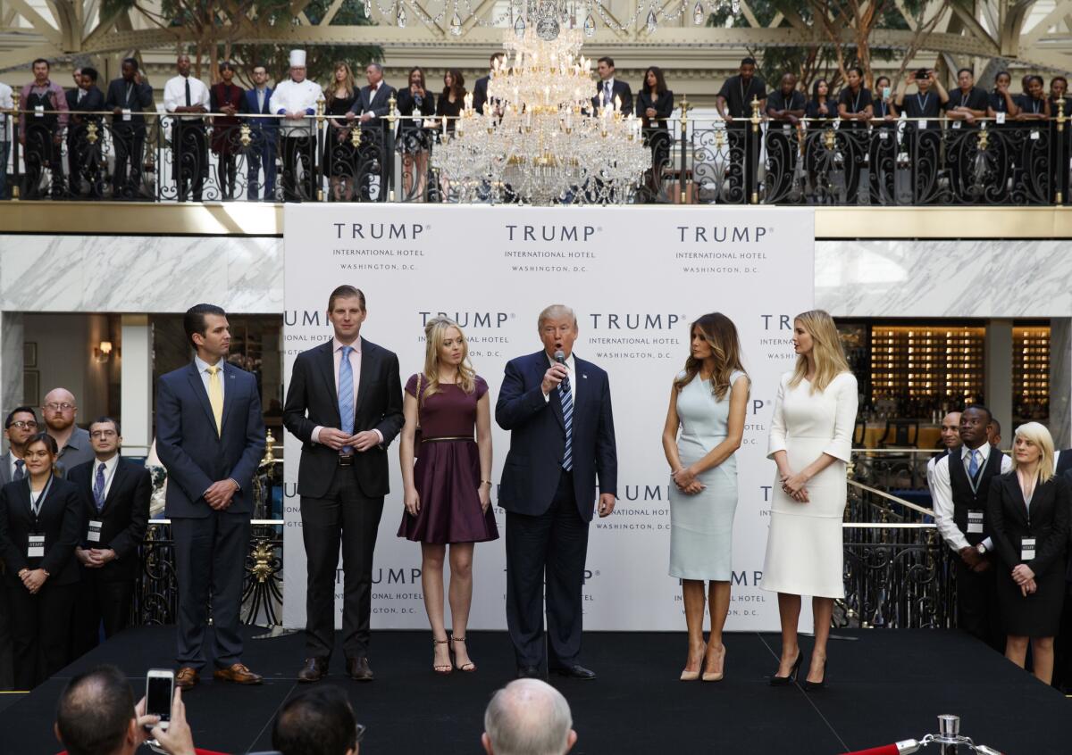 Republican presidential candidate Donald Trump, accompanied by, from left, Donald Trump Jr., Eric Trump, Trump, Melania Trump, Tiffany Trump and Ivanka Trump.