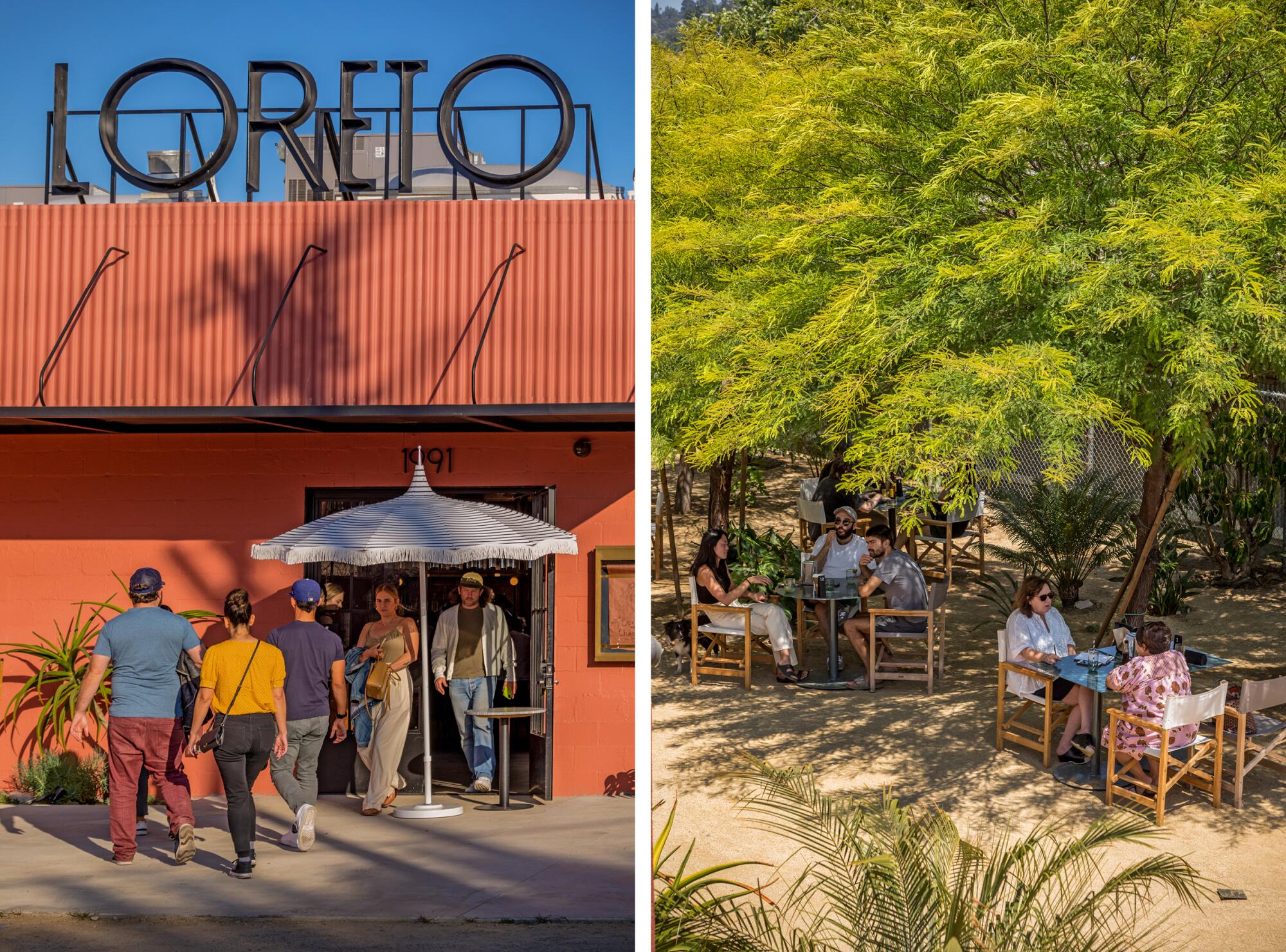 Loreto's façade, left, and its lunchtime side restaurant Za Za Za, with tables under trees