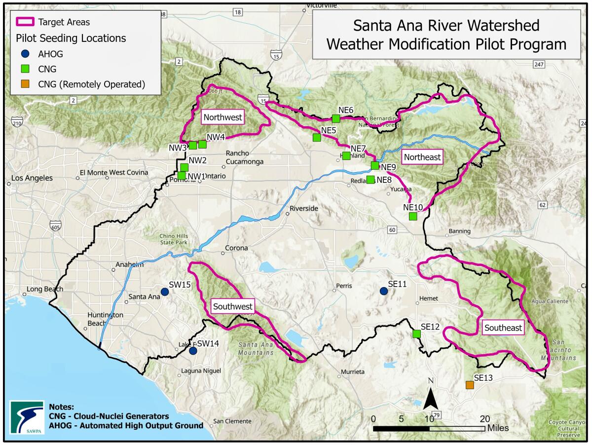 A map explains aspects of the Santa Ana River Watershed Authority's Weather Modification Project.