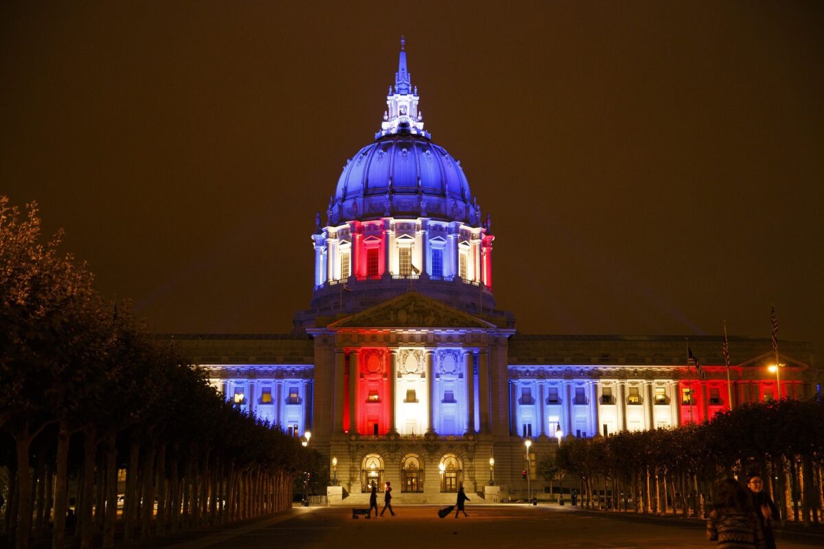 San Francisco City Hall in U.S. flag colors on Sept. 11, 2016.