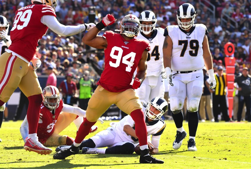 San Francisco 49ers defensive end Solomon Thomas celebrates after sacking Los Angeles Rams quarterback Jared Goff on Oct. 13. UC Irvine graduate student Matthew Littman's model predicts the 49ers will beat the Kansas City Chiefs in this year's Super Bowl.