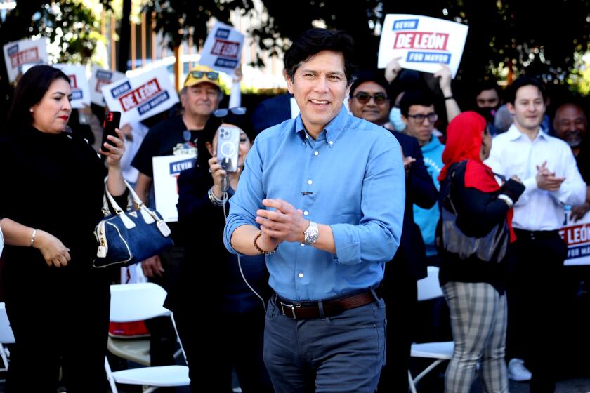 LOS ANGELES, CA - MARCH 12: Los Angeles City Councilman Kevin de Leon, who running for mayor of LA, greets constituents at the grand opening of his campaign headquarters on Saturday, March 12, 2022 in Los Angeles, CA. Councilman de Leon where Kevin "shared his vision for the city's future." (Gary Coronado / Los Angeles Times)