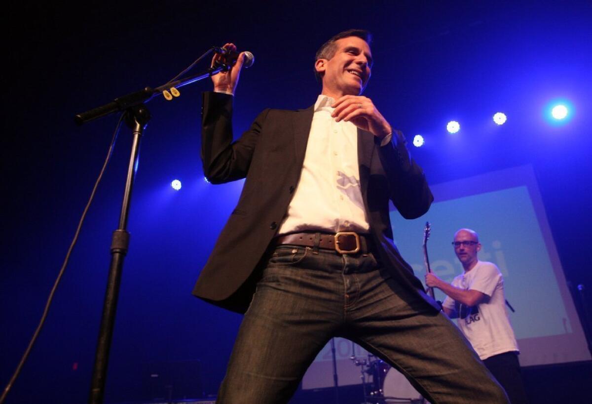 Eric Garcetti at the Fonda Theatre with Moby during a fundraising performance.