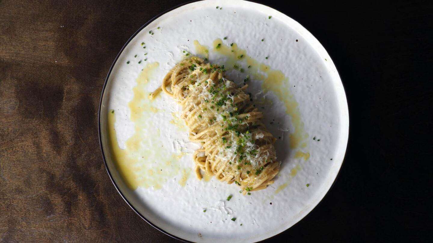 Hatch chile spaghetti at Playa Amor in Long Beach.