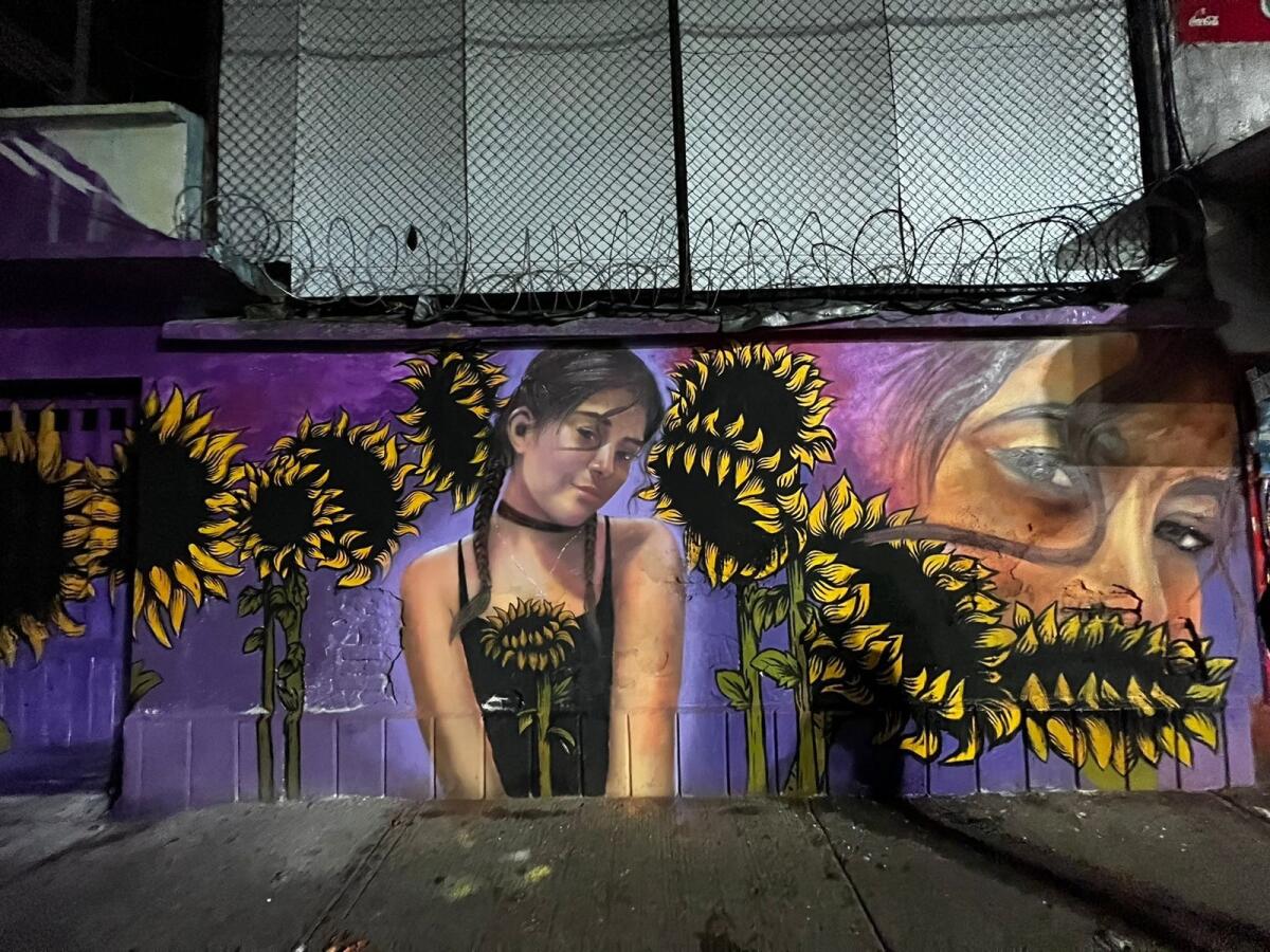 A memorial for Ariadna López shows images of her along with sunflowers. 
