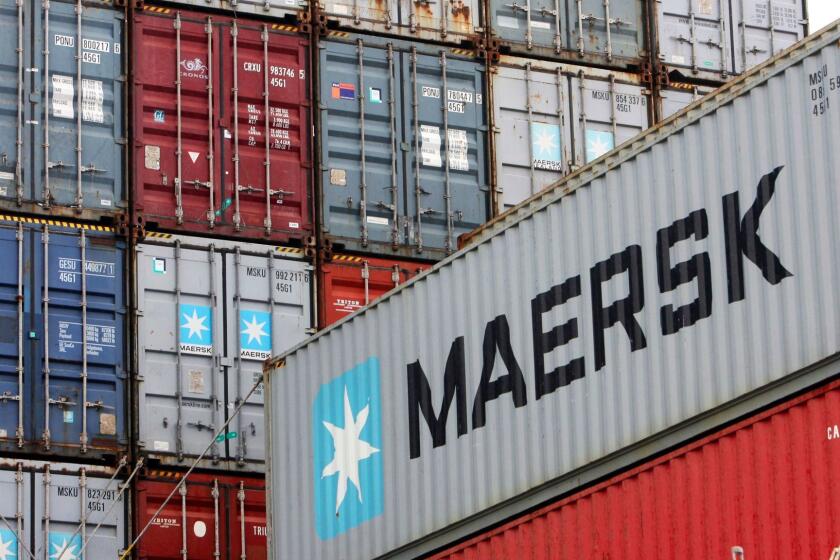 (FILES) This file photograph taken on August 30, 2010, shows containers from the Danish sea transport company Maersk stacked at the North port terminal in Bremerhaven, northern Germany. Several multinational companies said June 27, 2017, that they had been targeted in an international cyberattack which started in Russia and Ukraine before spreading to western Europe. Danish sea transport company Maersk, British advertising giant WPP and the French industrial group Saint-Gobain all said they came under attack and put protection protocols in place to avoid data loss. / AFP PHOTO / PATRIK STOLLARZPATRIK STOLLARZ/AFP/Getty Images ** OUTS - ELSENT, FPG, CM - OUTS * NM, PH, VA if sourced by CT, LA or MoD **