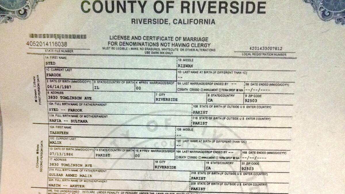 Copy photo of Syed Rizwan Farook and Tashfeen Malik's marriage license from Riverside County.