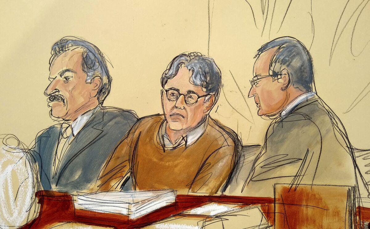 Courtroom drawing of NXIVM leader Keith Raniere, center