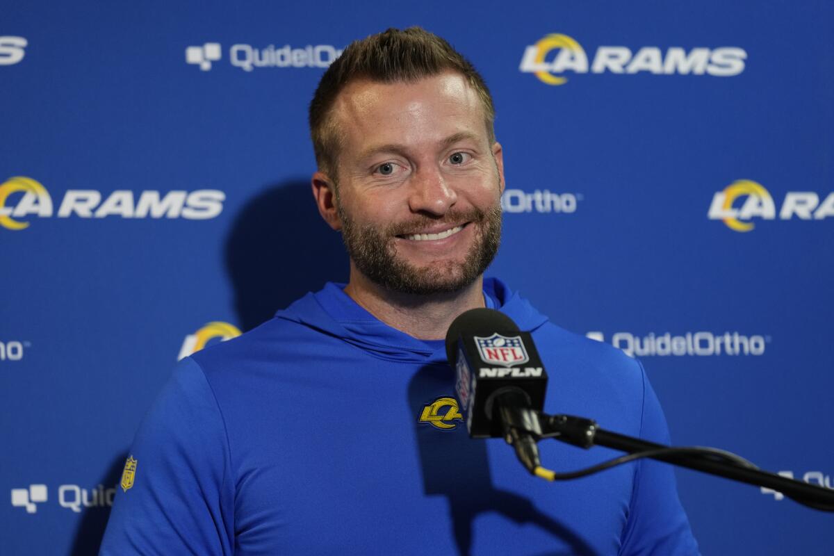 Coach Sean McVay speaks during a news conference after his Rams beat the Giants.