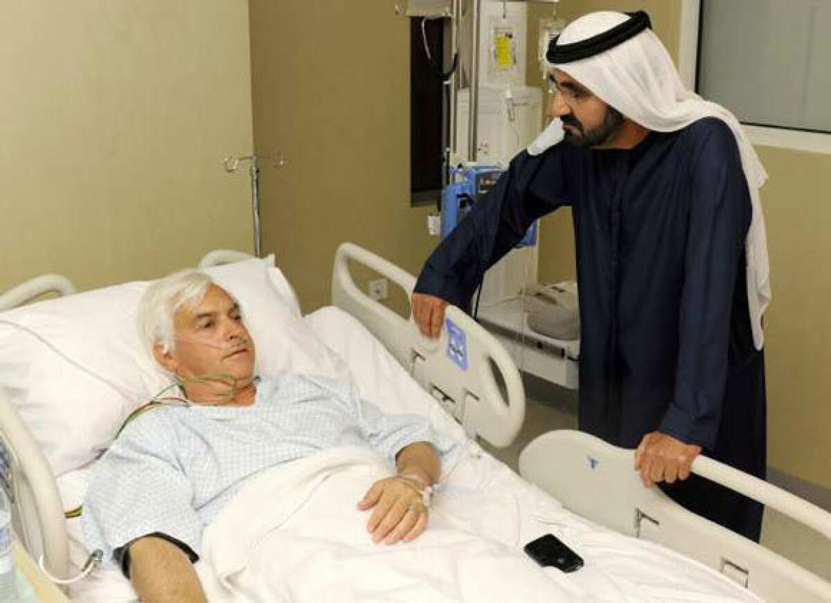 Sheik Mohammad bin Rashid Al Maktoum, the ruler of Dubai, visits Bob Baffert in the hospital last month.