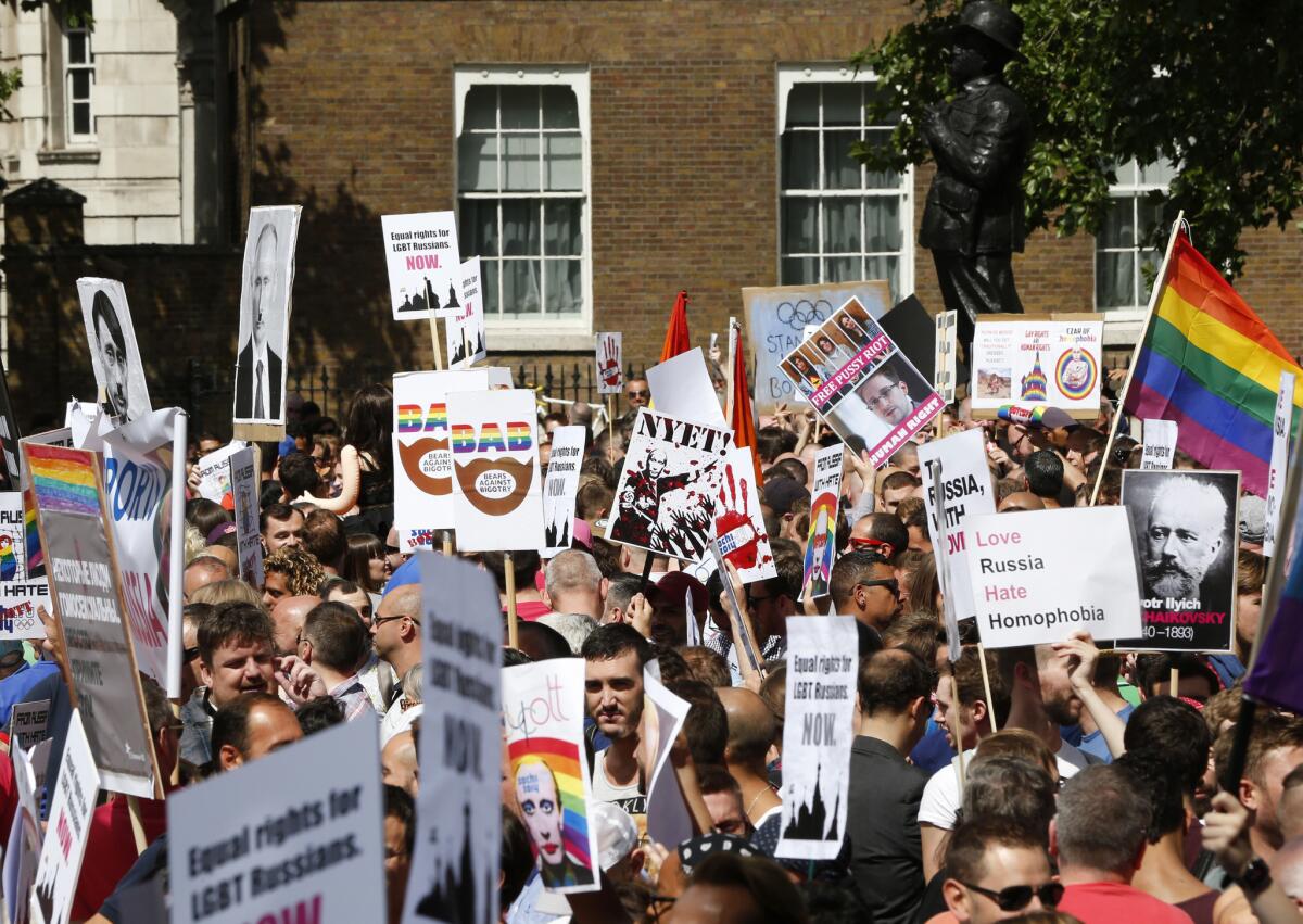 Hundreds of gay rights activists protested in London, calling for the Winter 2014 Olympic Games to be taken away from Sochi, Russia