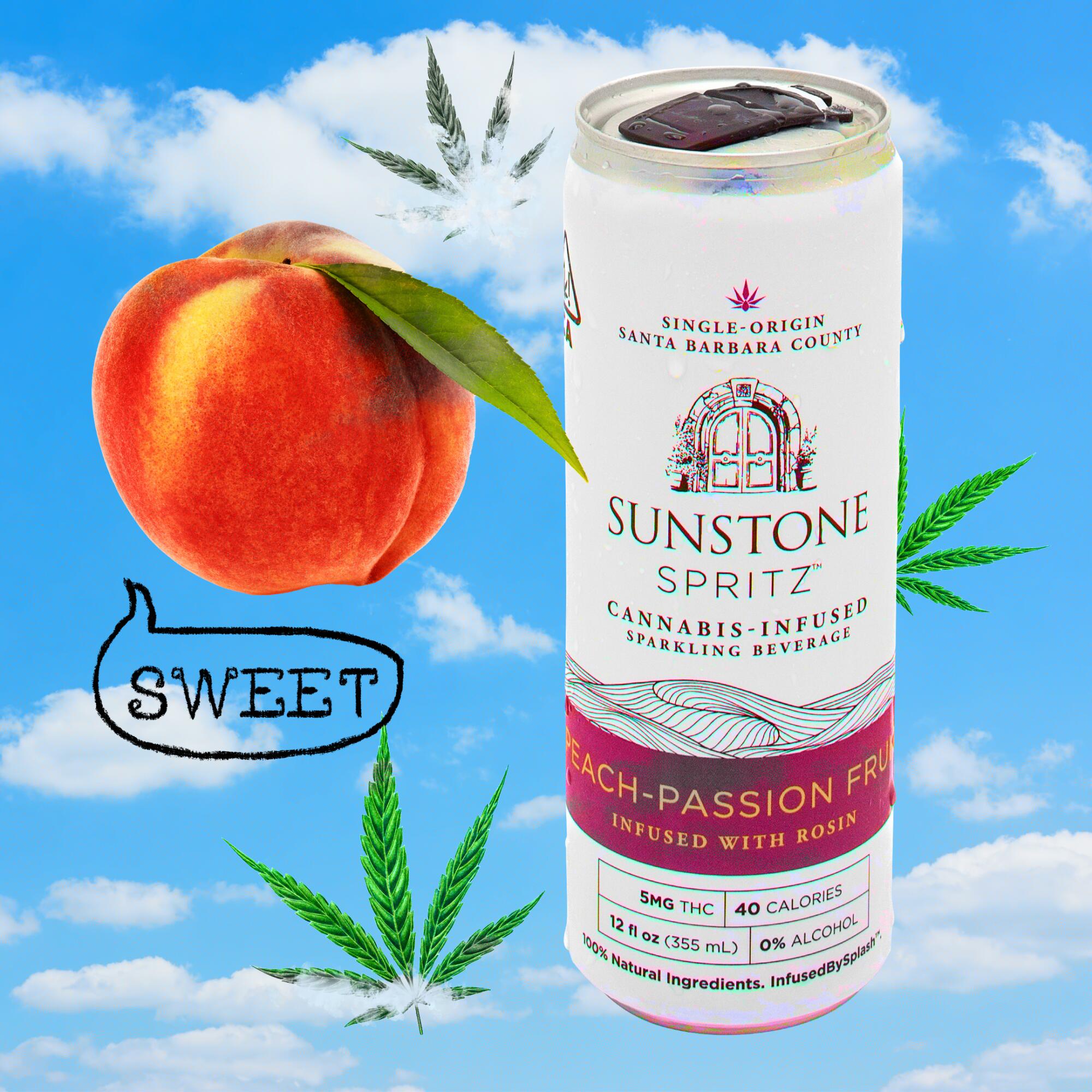 Sunstone Spritz Peach-passion fruit drink next to an illustration of a peach and the word "sweet."