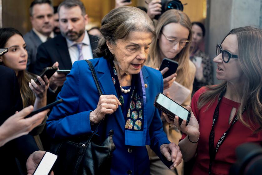 Sen. Dianne Feinstein (D-CA) speaks to reporters before entering the Senate Chamber  at the U.S. Capitol on Feb. 14.