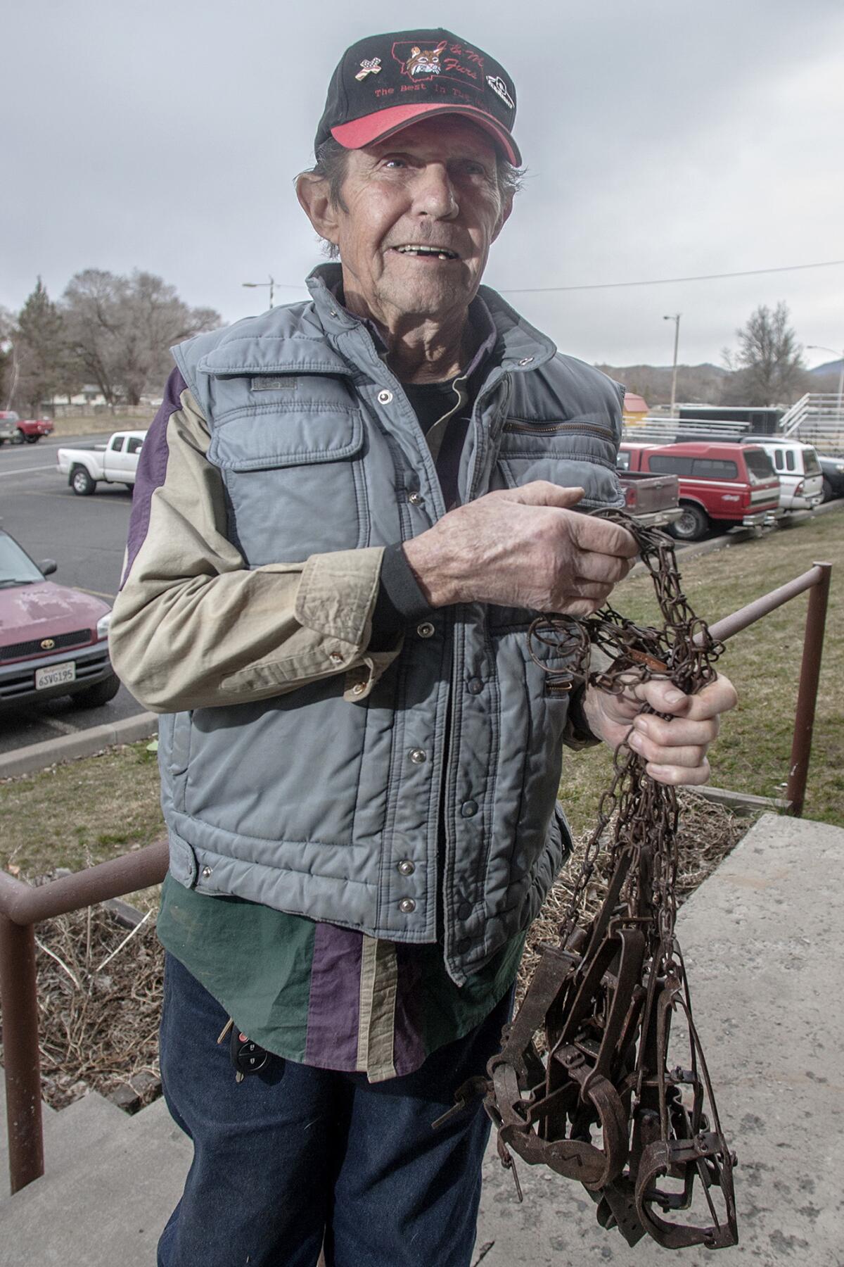 California fur trapper Tim Wion has a handful of old traps that he hopes to sell to out-of-state trappers at a fur sale in Klamath Falls, Ore.