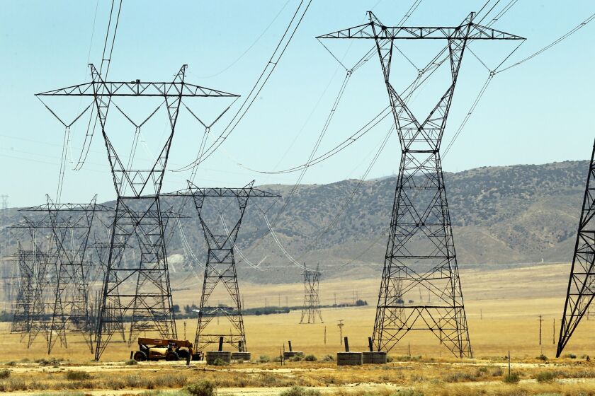 A statewide plan calls for a mix of solar, wind and other renewable sources, along with conventional power sources. Those include natural-gas-fired plants and electricity generated out of state and delivered along the interstate power grid. Above, power lines in the Antelope Valley.