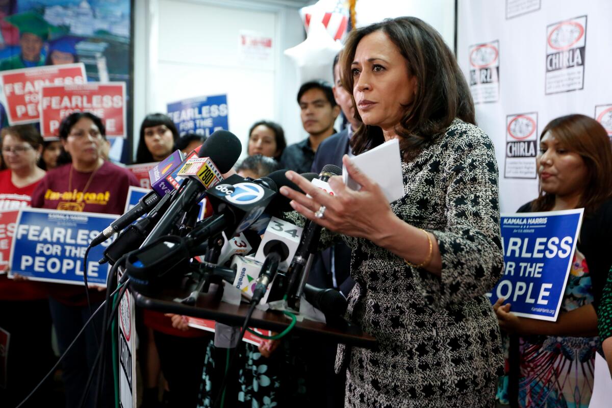 Kamala Harris, then a U.S. senator-elect from California, speaks in Los Angeles on Nov. 10, 2016. 