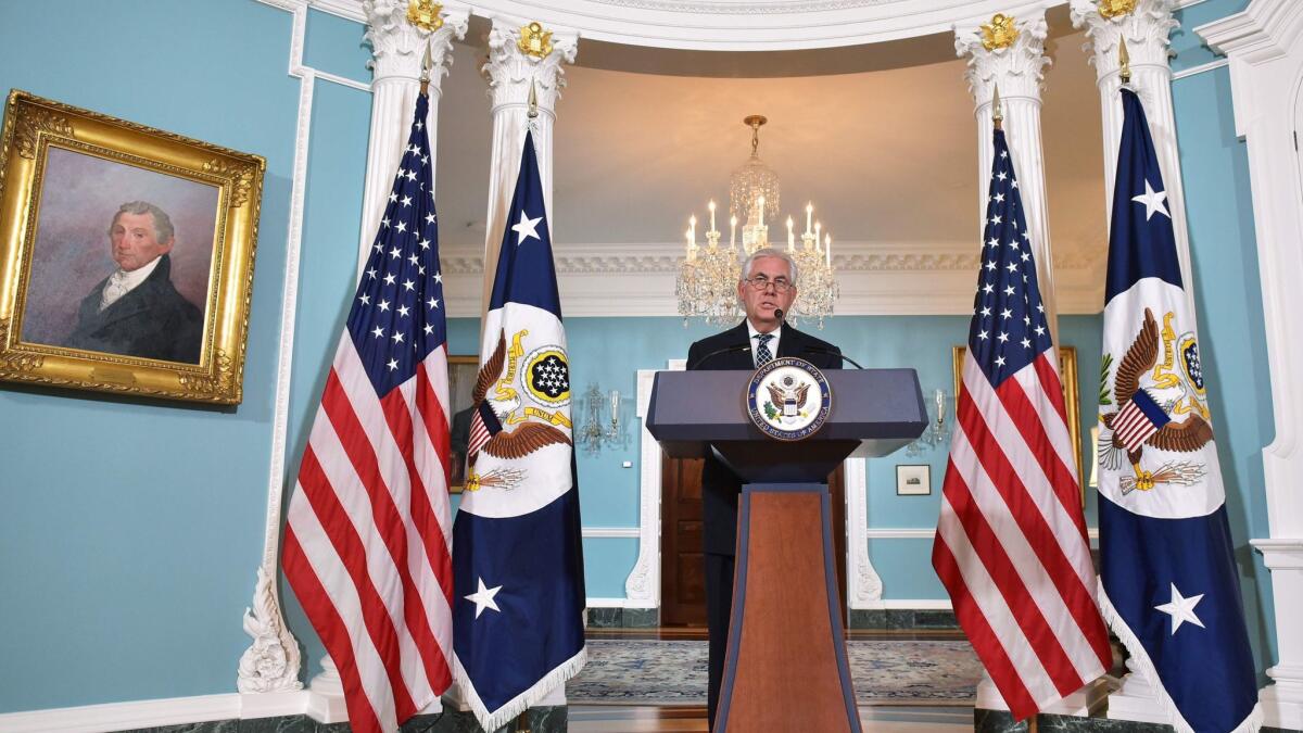 Secretary of State Rex Tillerson holds a press conference on Iran in the Treaty Room of the State Department in Washington on April 19.