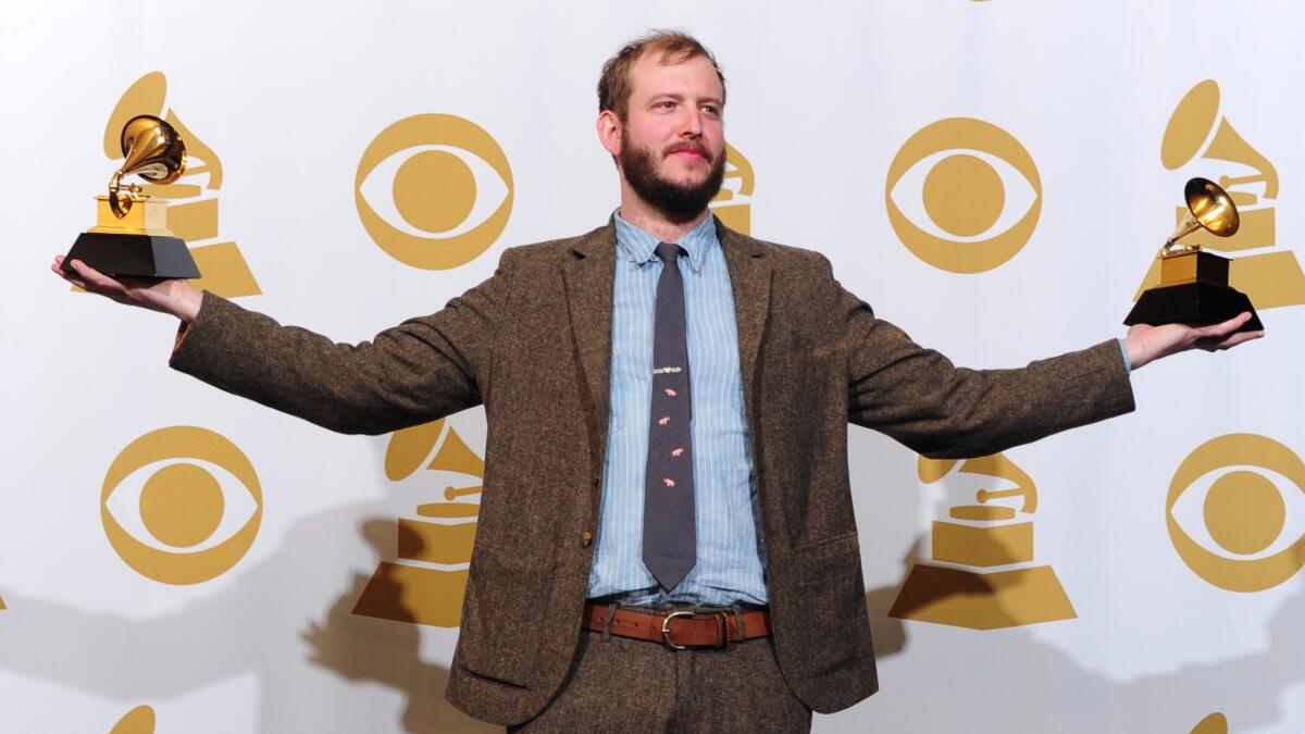 Justin Vernon of Bon Iver posing at the 54th Grammy Awards in 2012.