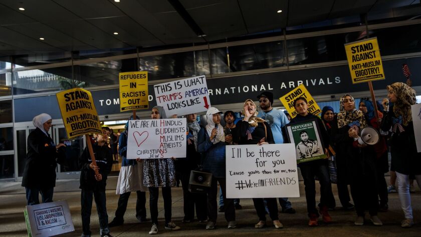Protesters outside the Tom Bradley International Terminal at Los Angeles International Airport last month demonstrating against President Trump's travel ban.