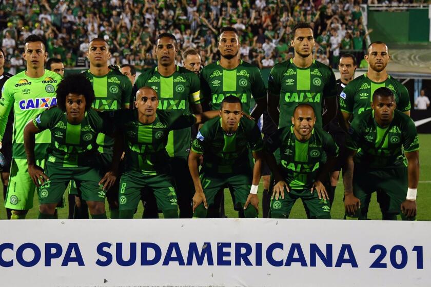 Some members of Brazil's Chapecoense team, shown during their 2016 Copa Sudamericana semifinal match in Chapeco, Brazil, were on a plane that crashed in Colombia on Nov. 28.