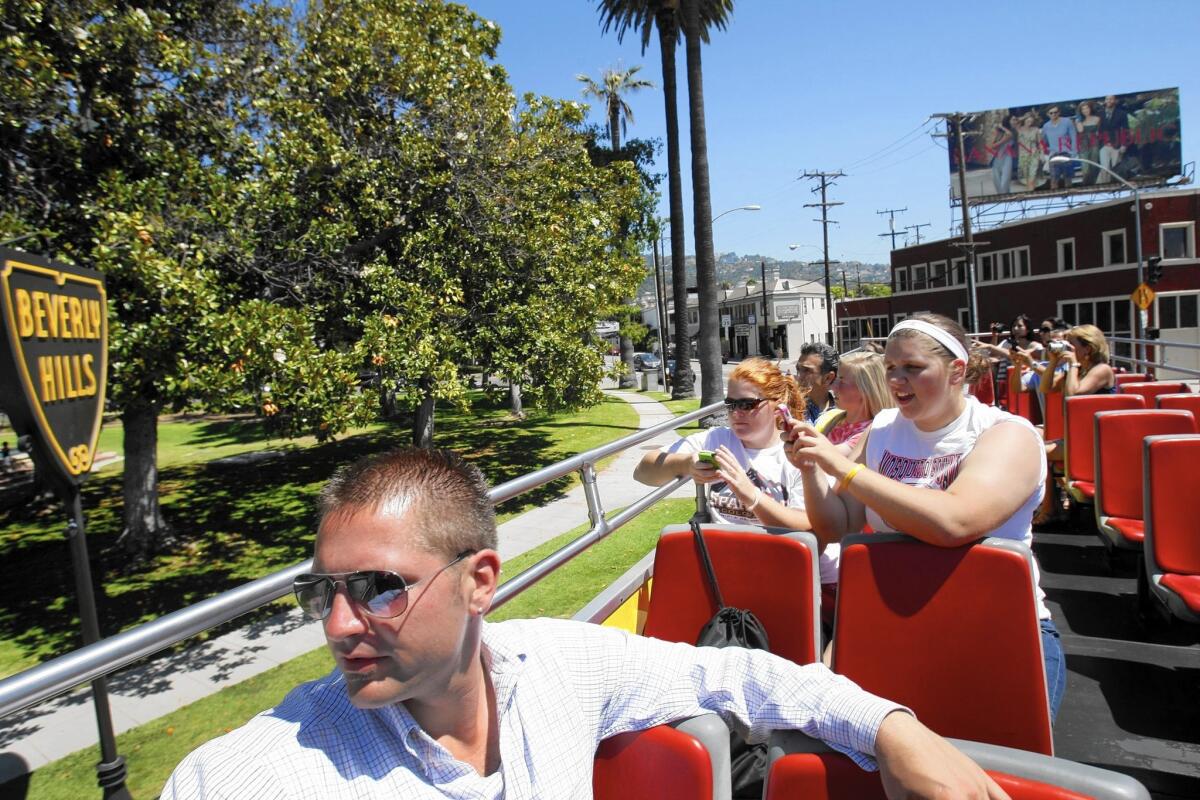 In 2014, Los Angeles set a visitor record for the fourth straight year. The visitor tally reached 44.2 million, up 4.8% above the 2013 visitor count. Above, a tour bus in Hollywood in 2011.