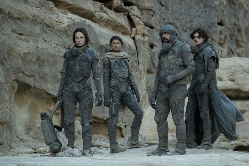 (l-r) Rebecca Ferguson, Zendaya, Javier Bardem, and Timothée Chalamet in 'Dune.'