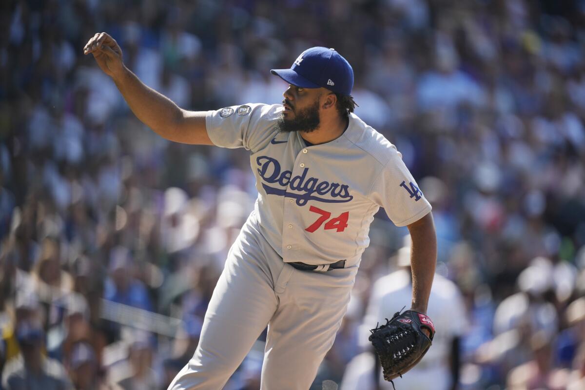 Kenley Jansen pitches for the Dodgers against the Rockies in July.