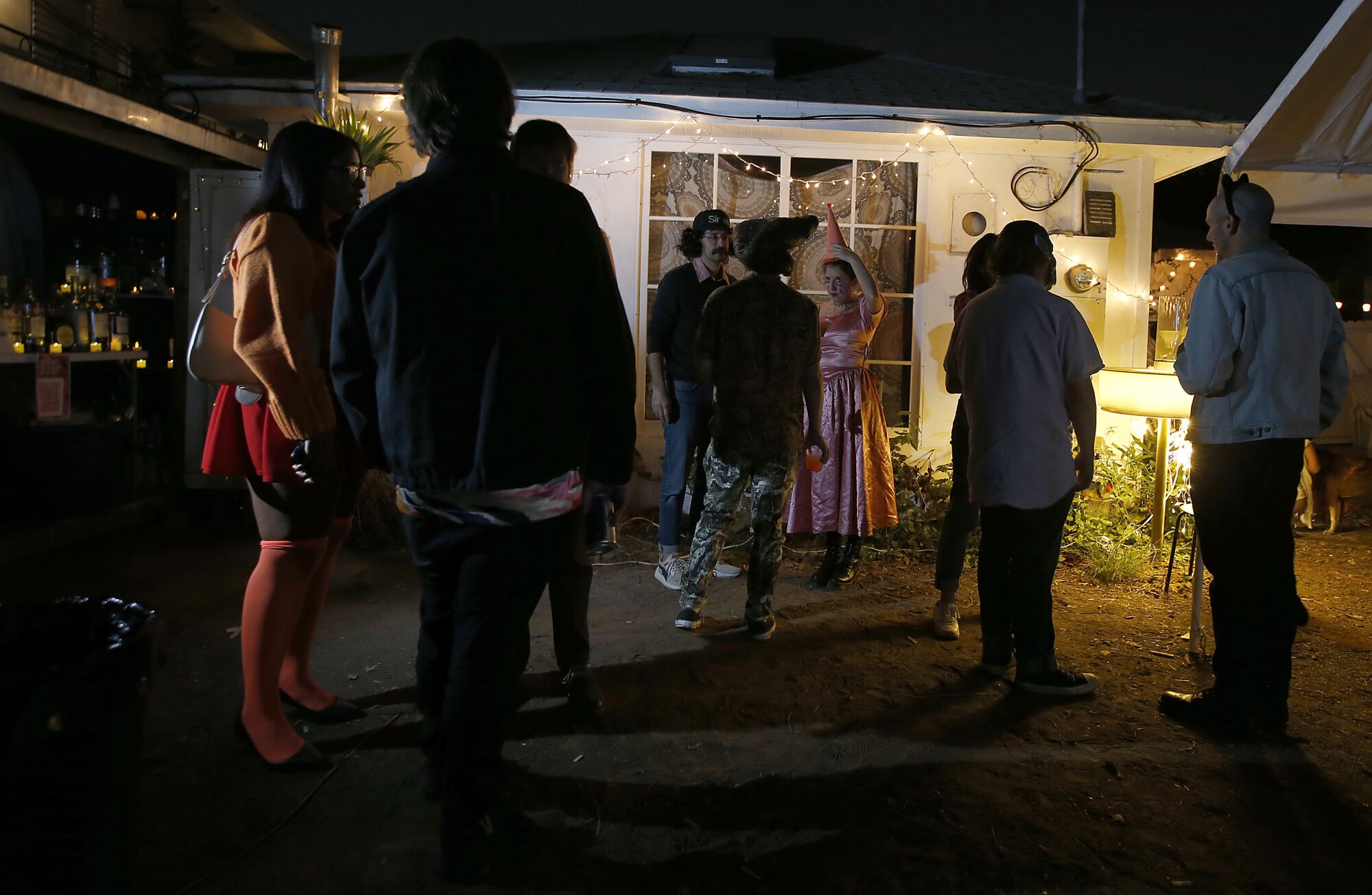 Congregation of people in costumes in the dark in a backyard