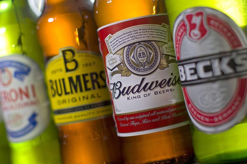 Bottles of beer and cider produced by Belgian-Brazilian group Anheuser-Busch InBev, (Budweiser and Beck's) and British brewer SABMiller (Peroni and Bulmers).
