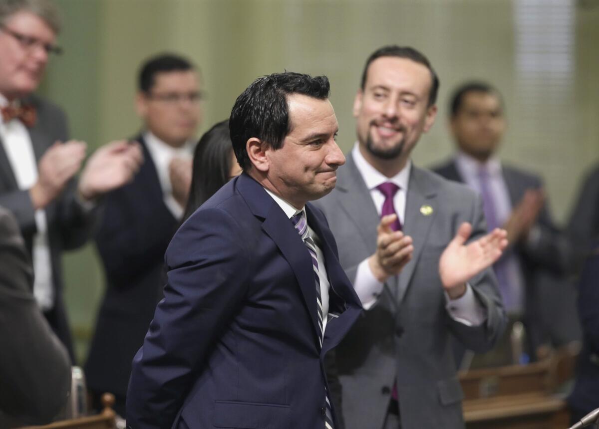 Assemblyman Anthony Rendon of Lakewood receives a standing ovation after his election as the next Assembly speaker in Sacramento on Jan. 11.