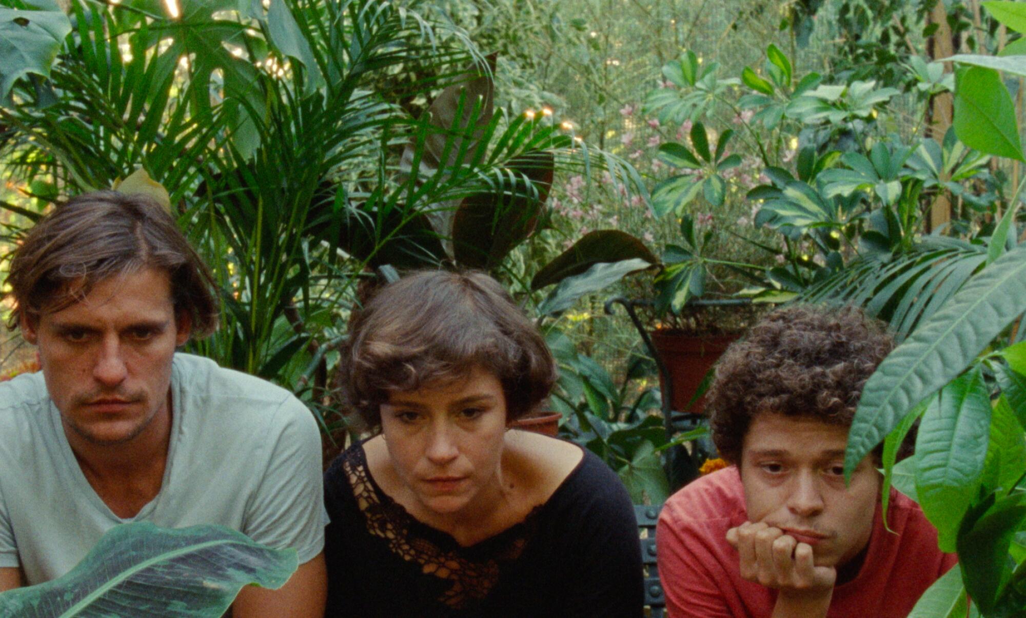 Two men and one woman crouch among pants