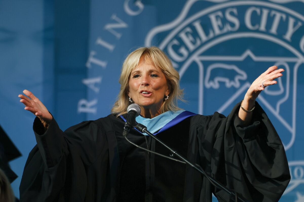 First lady Jill Biden speaks at the Los Angeles City College commencement ceremony in Los Angeles, Tuesday, June 7, 2022. (AP Photo/Ringo H.W. Chiu)