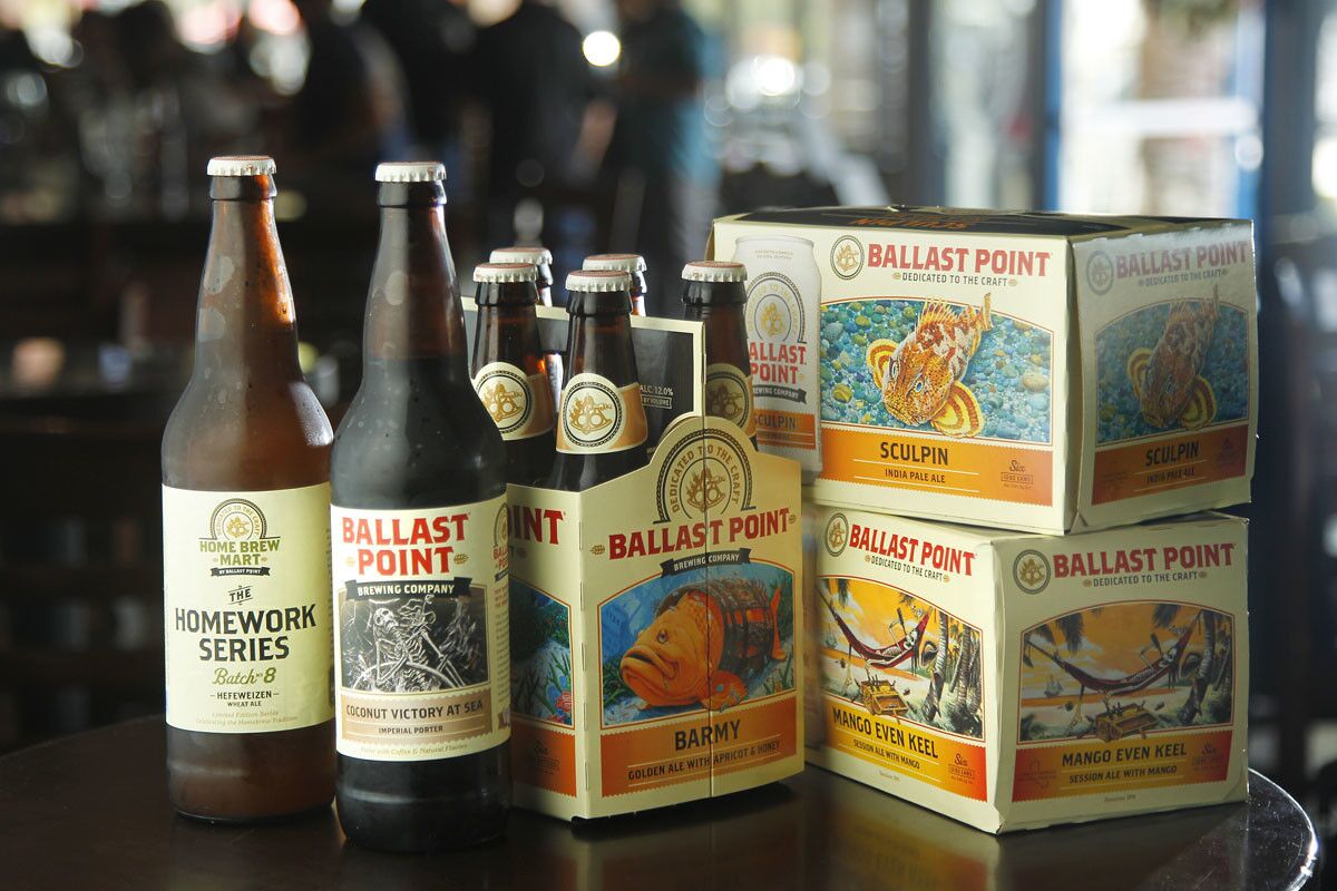 A variety of canned and bottled beers at Ballast Point Tasting Room & Kitchen in San Diego's Little Italy. (Photo by K.C. Alfred/The San Diego Union-Tribune)