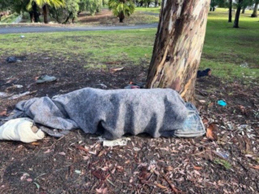 A rain-soaked homeless man sleeps under a tree at Buddy Todd Park in Oceanside on Friday. The city has no shelters.